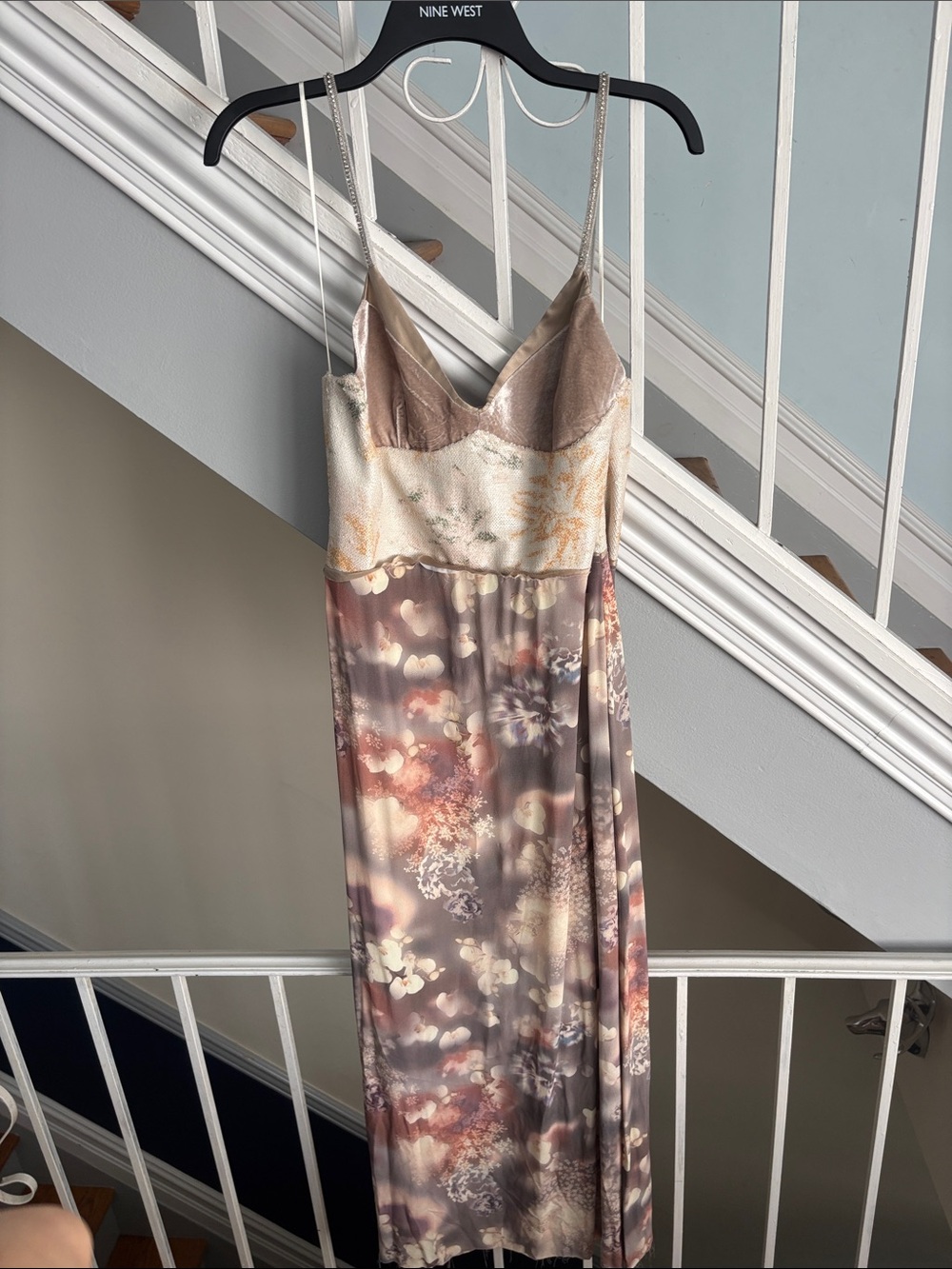 Nine West Taupe and Cream Floral Satin Slip Maxi Dress